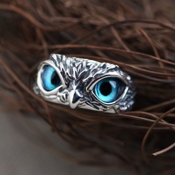 New Blue Imitation Cats Eye Owl Ring - Picture 5 of 8